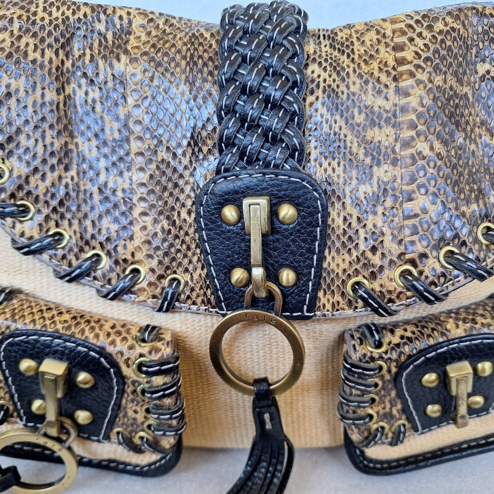 Vintage Rafe New York Alvear 2006 Sisal Snakeskin Leather Boho Bag Tassel Y2K - Picture 2 of 16